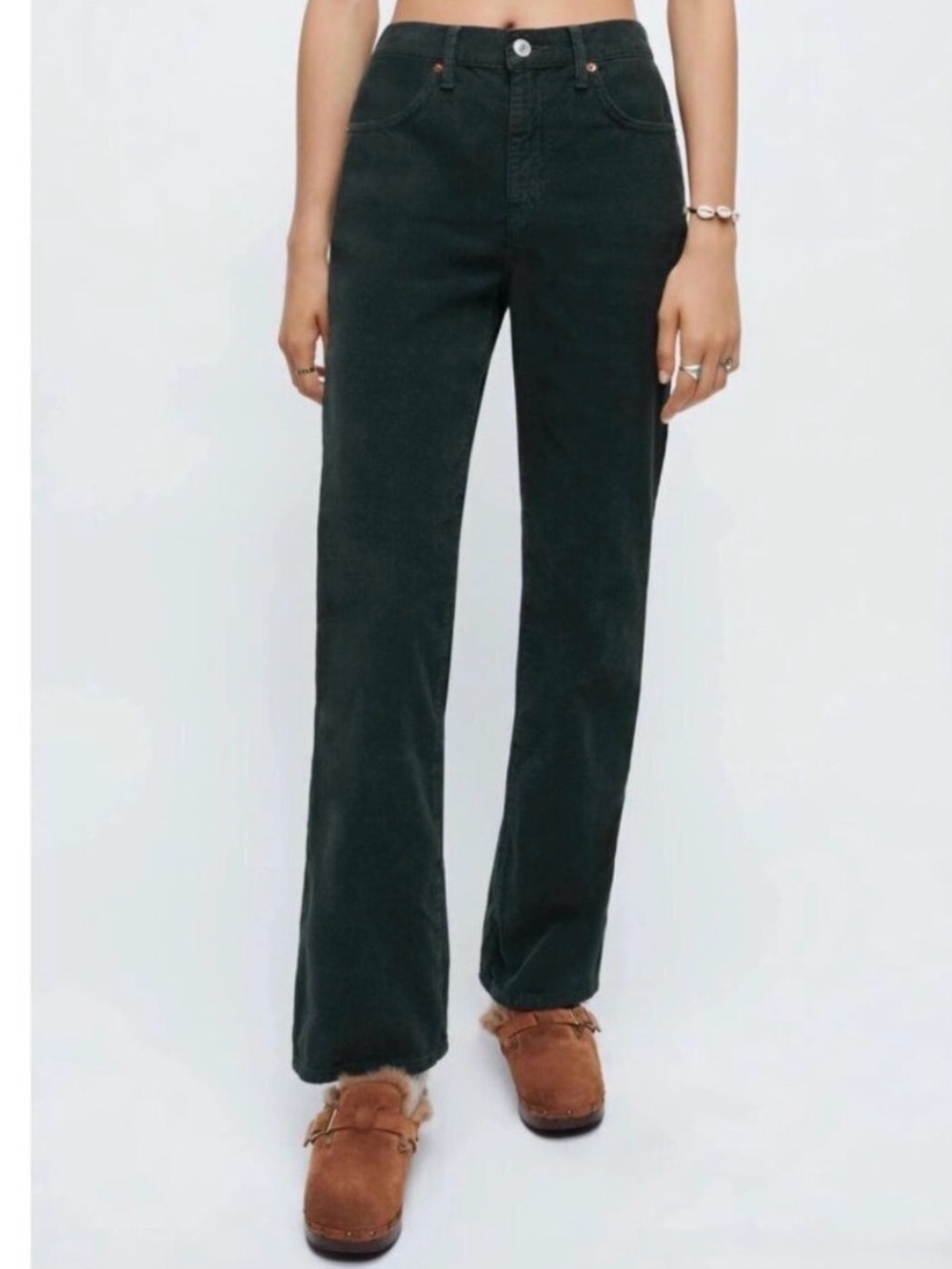 ReDone 70s Loose Flare Pants Size 24 Green Corduroy Trouser Earthy Forest Fairy